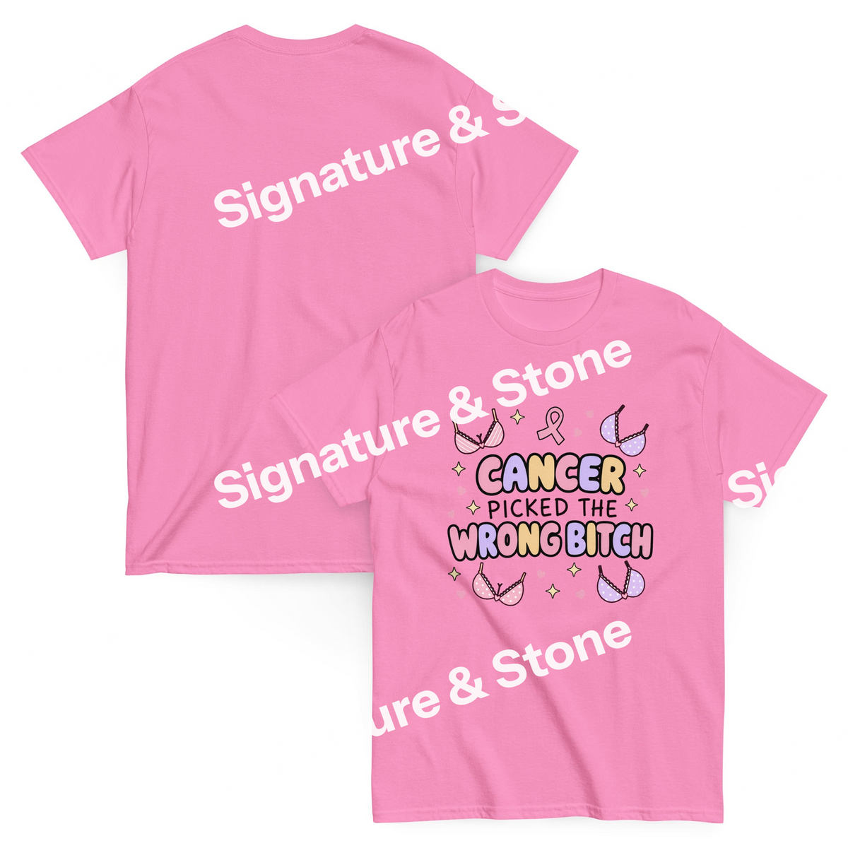 Watermarked - Cancer Picked the Wrong Bitch Funny Breast Cancer Survivor T Shirt