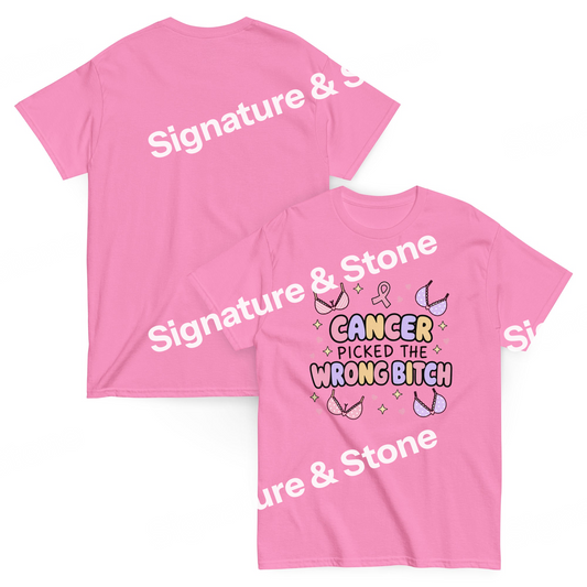 Watermarked - Cancer Picked the Wrong Bitch Funny Breast Cancer Survivor T Shirt