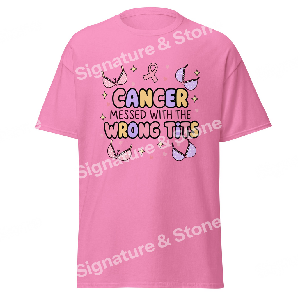 Watermarked - Cancer Messed With the Wrong Tits Funny Breast Cancer Survivor T Shirt