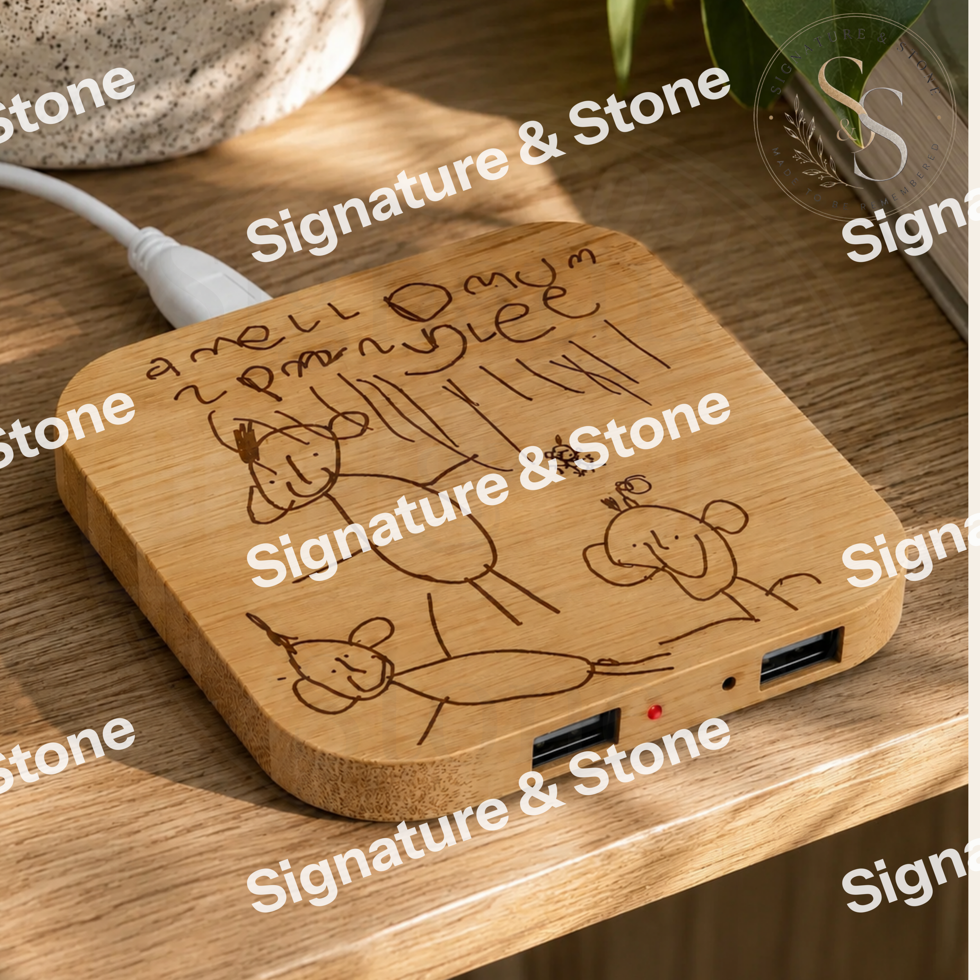Personalised Wireless Charger, Child's Drawing Engraved Charger, Custom Bamboo Phone Charger
