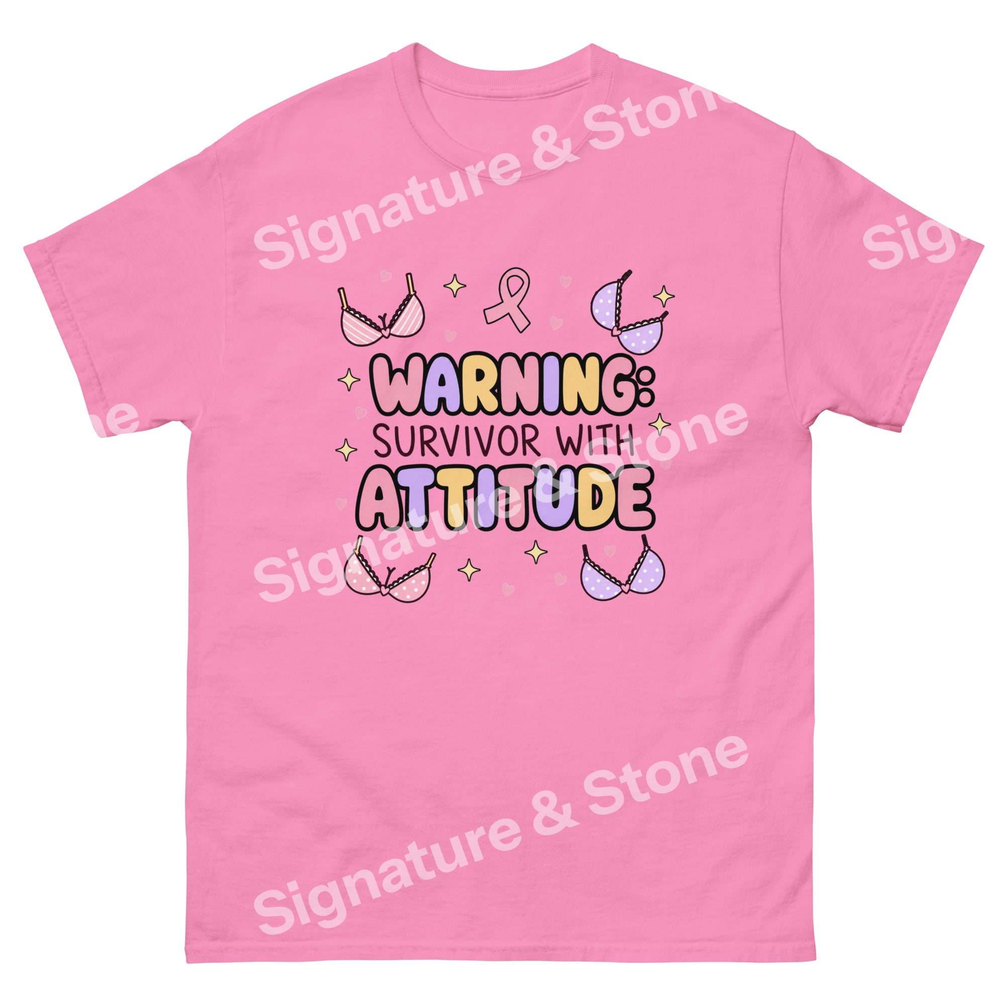 Watermarked - Warning Survivor With Attitude Funny Breast Cancer Survivor T Shirt