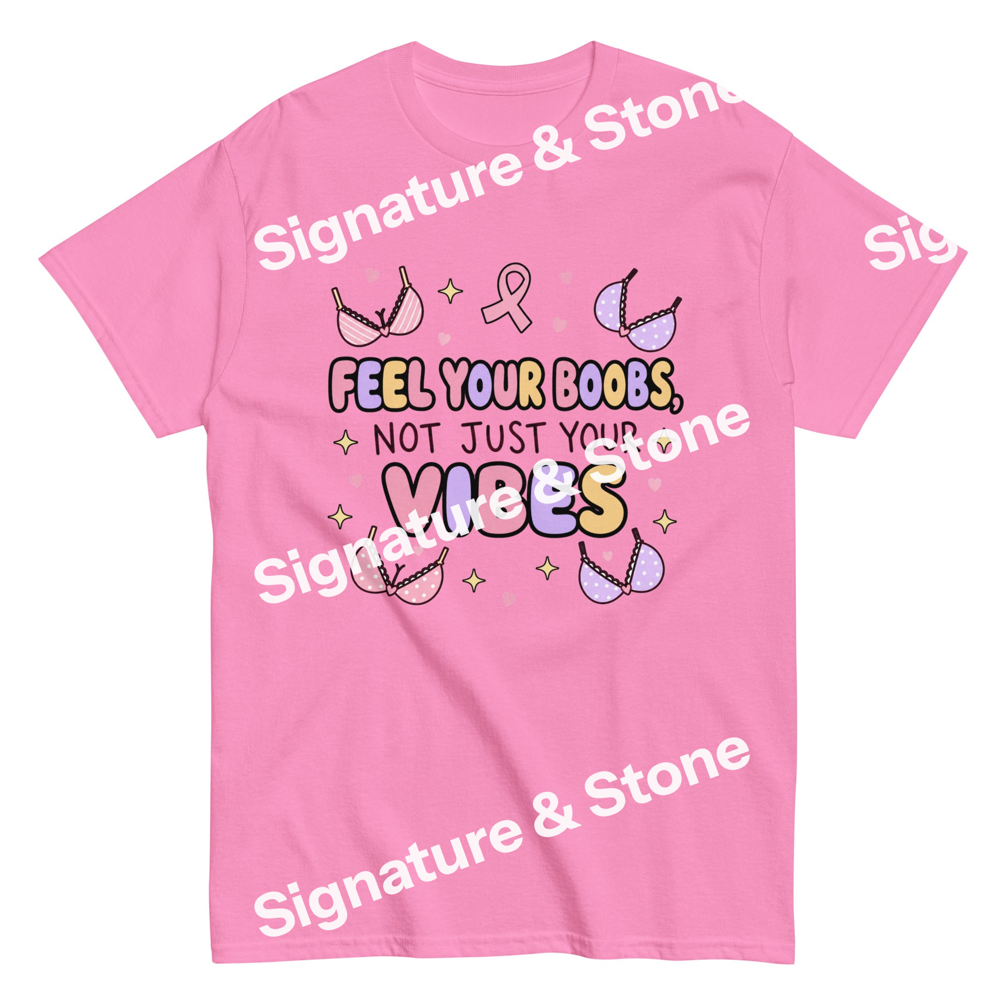 Watermarked - Feel Your Boobs Not Just Your Vibes Funny Breast Cancer Awareness T Shirt