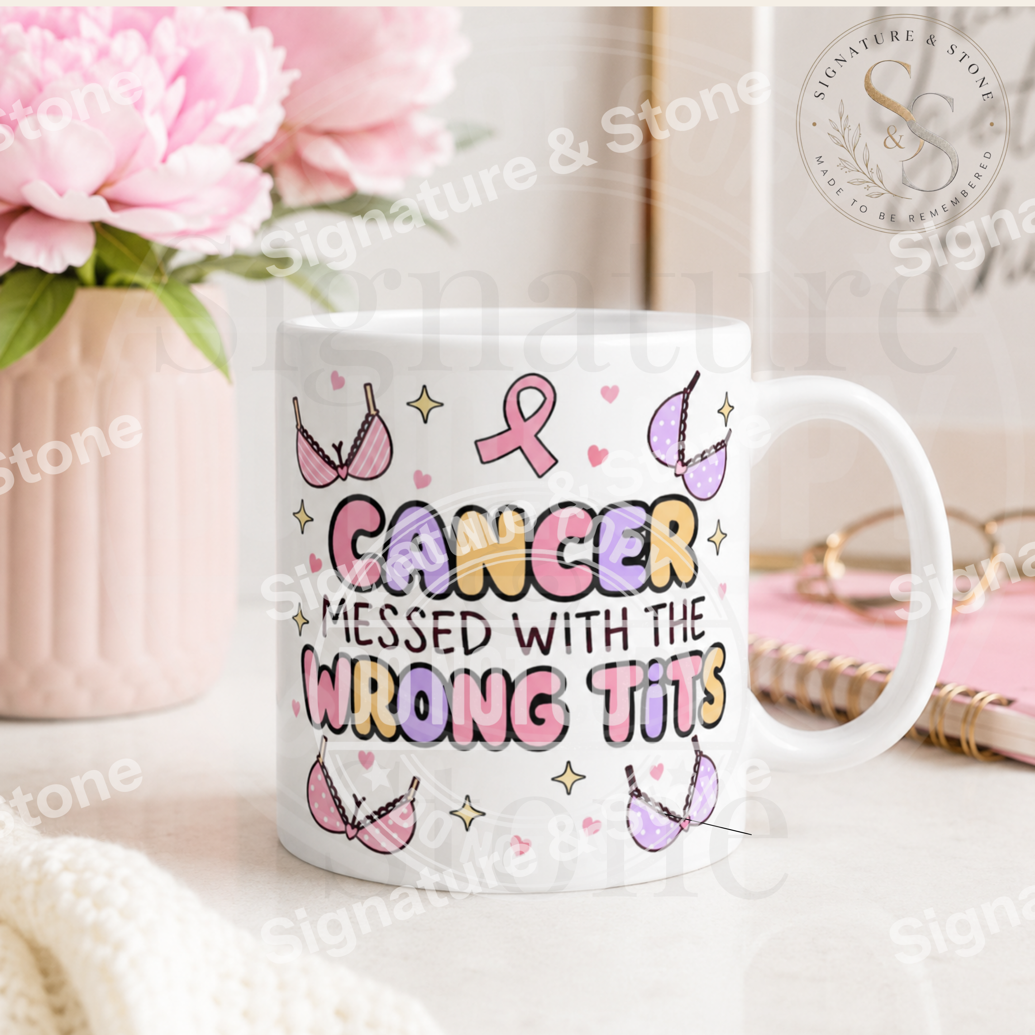 Watermarked - Cancer Messed With the Wrong Tits Mug | Funny Breast Cancer Survivor Coffee Mug