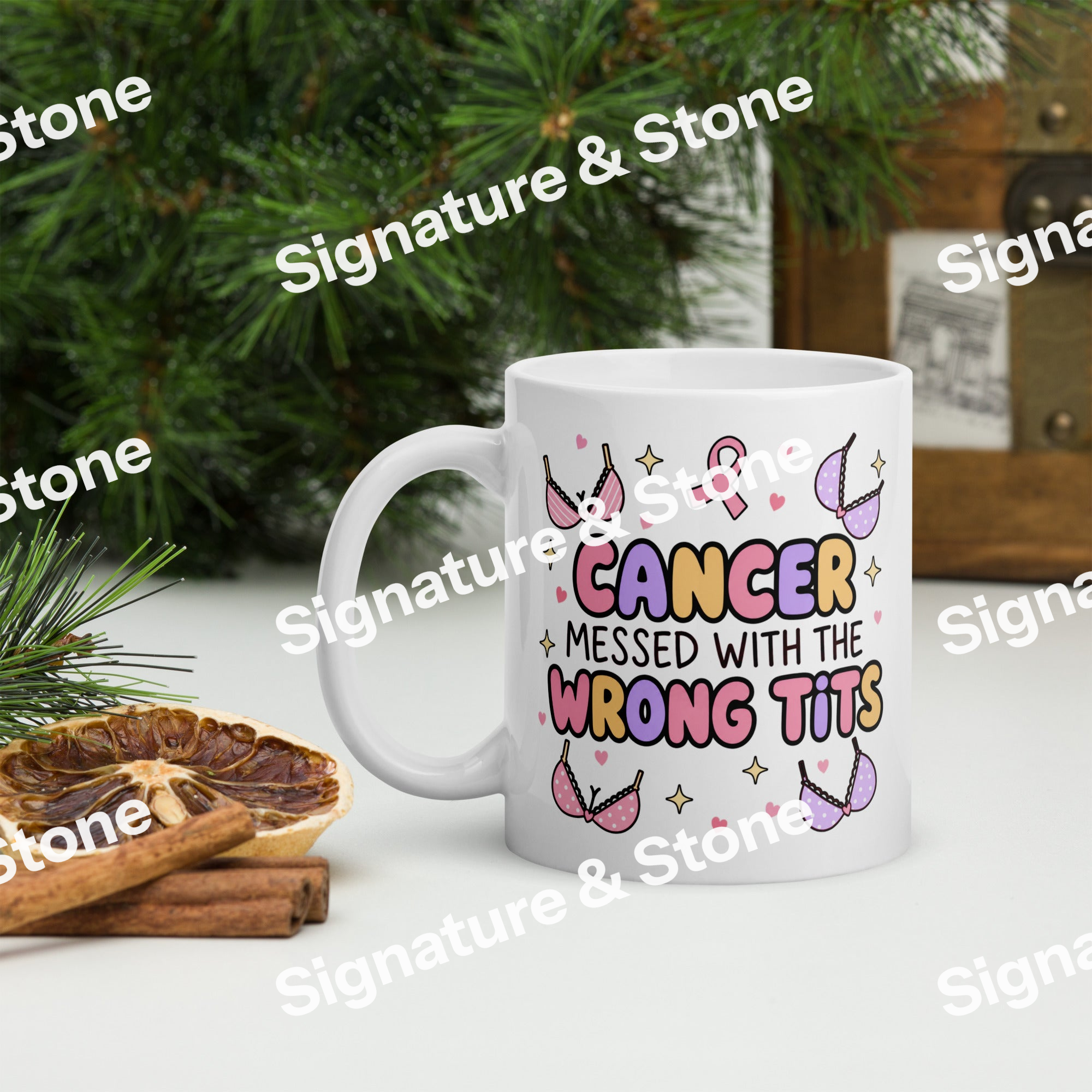 Watermarked - Cancer Messed With the Wrong Tits Funny Breast Cancer Survivor Coffee Mug