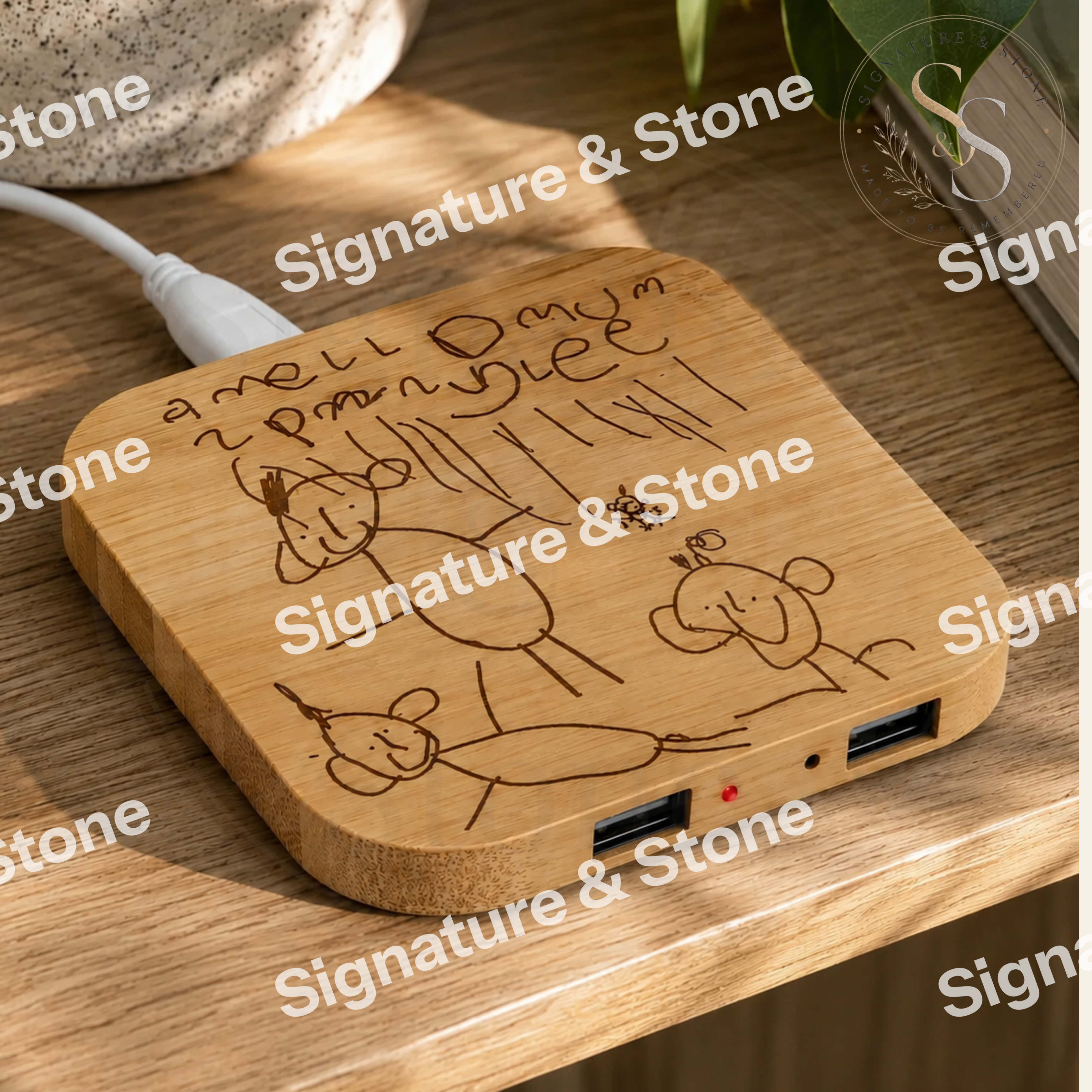 Personalised Wireless Charger, Child's Drawing Engraved Charger, Custom Bamboo Phone Charger