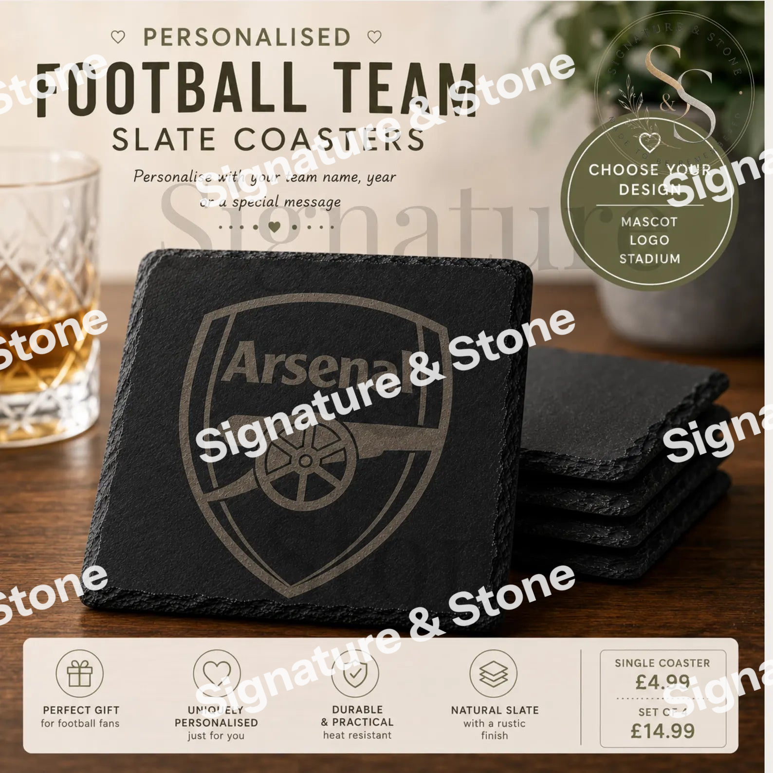 Custom Laser Engraved Slate Coaster – Football Personalised Slate Football Coasters, Custom Football Gift, Engraved Drinks Coasters
