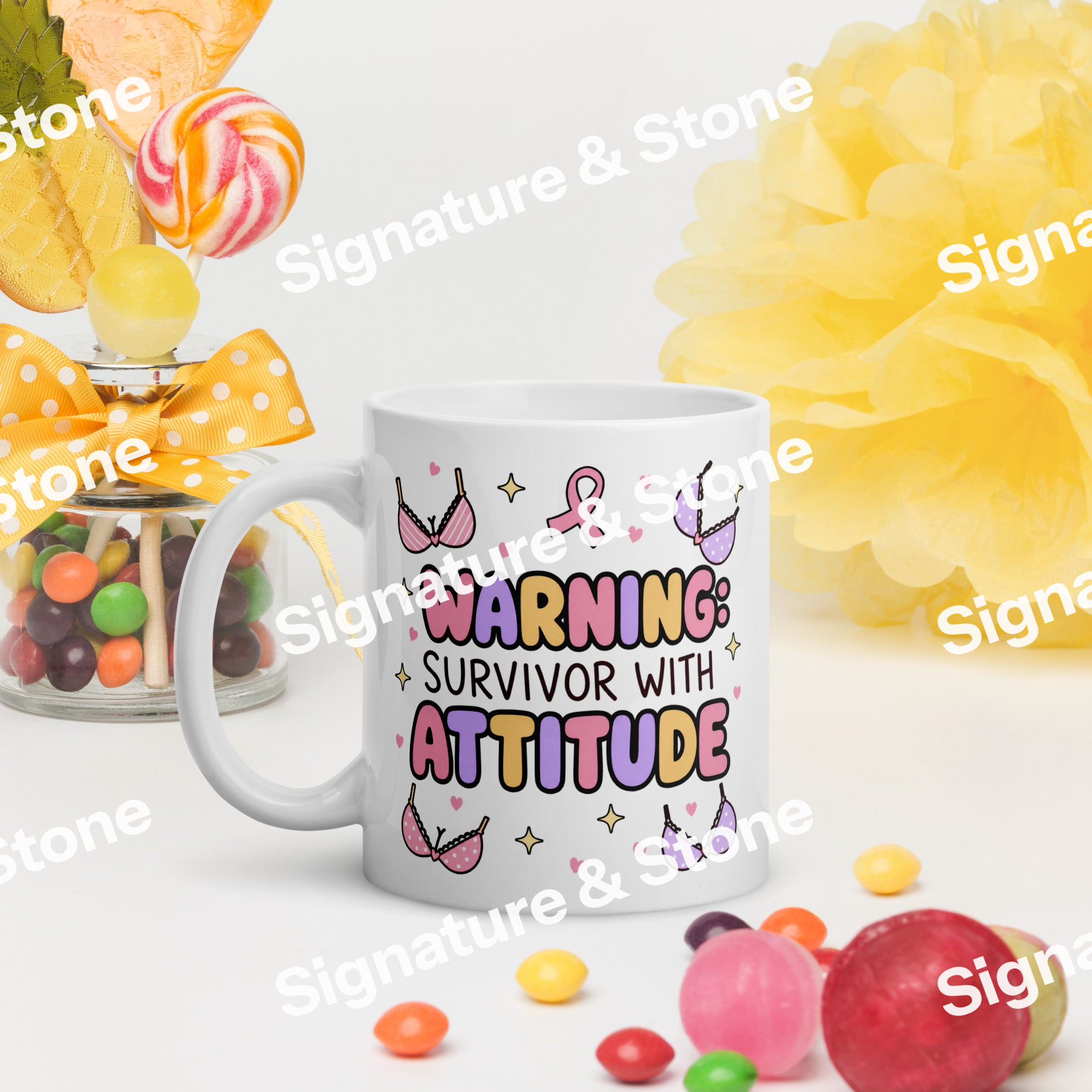 Watermarked - Warning Survivor With Attitude Breast Cancer Awareness Coffee Mug