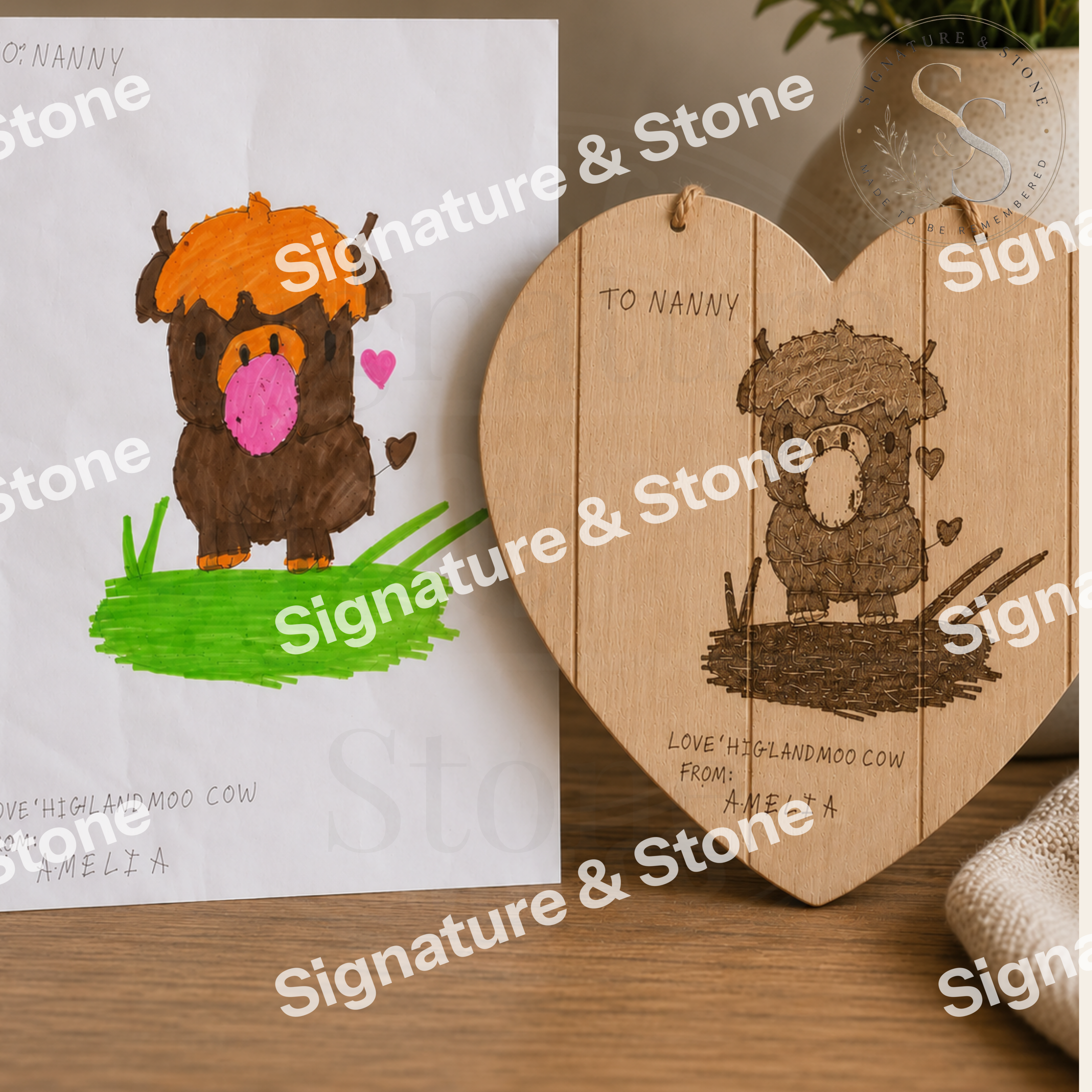 Personalised Child's Artwork Keepsake, Custom Engraved Wooden Plaque, Kids Drawing Gift