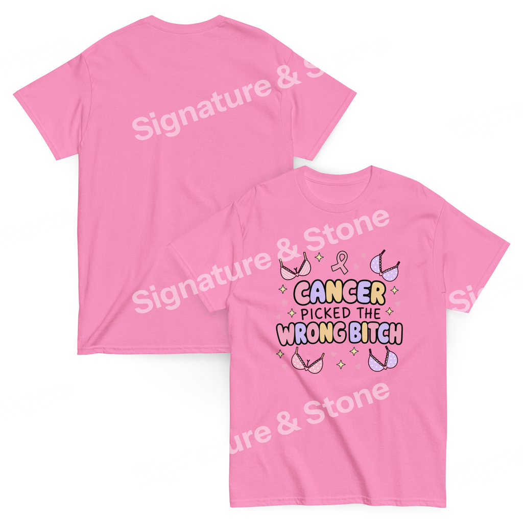 Watermarked - Cancer Picked the Wrong Bitch Funny Breast Cancer Survivor T Shirt