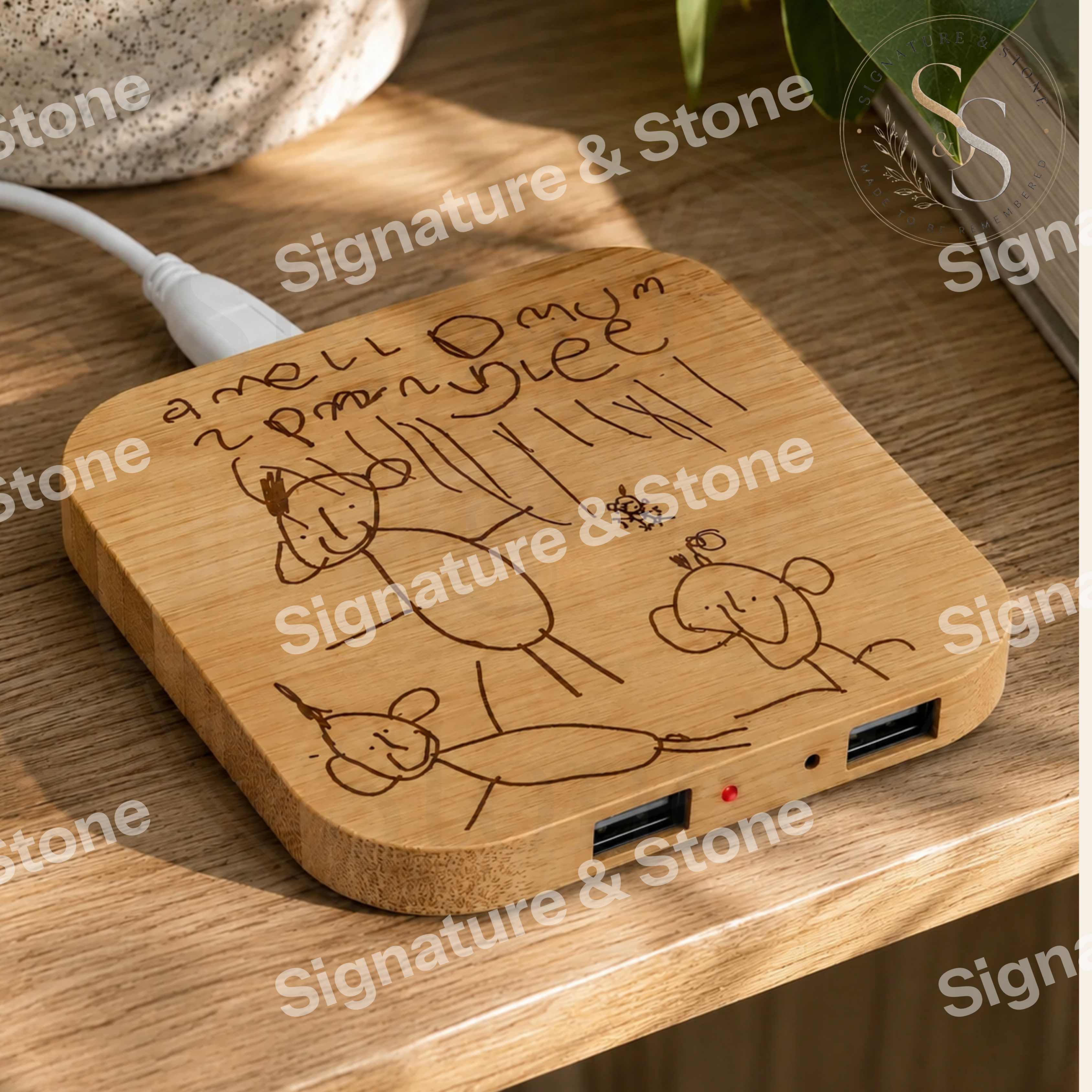 Personalised Wireless Charger, Child's Drawing Engraved Charger, Custom Bamboo Phone Charger