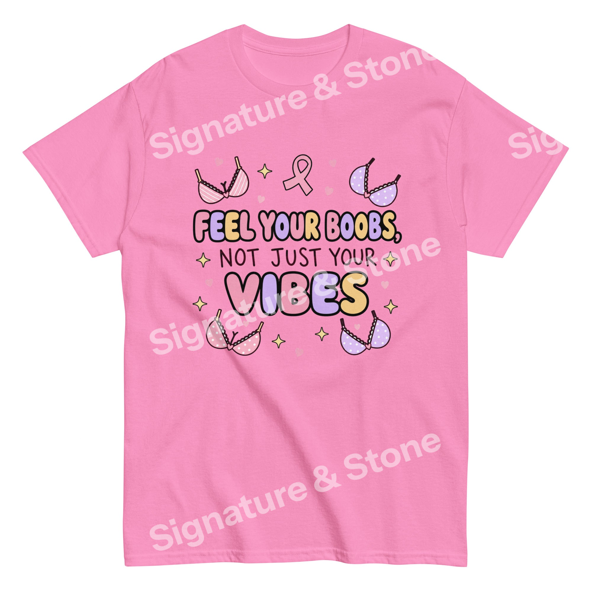 Watermarked - Feel Your Boobs Not Just Your Vibes Funny Breast Cancer Awareness T Shirt