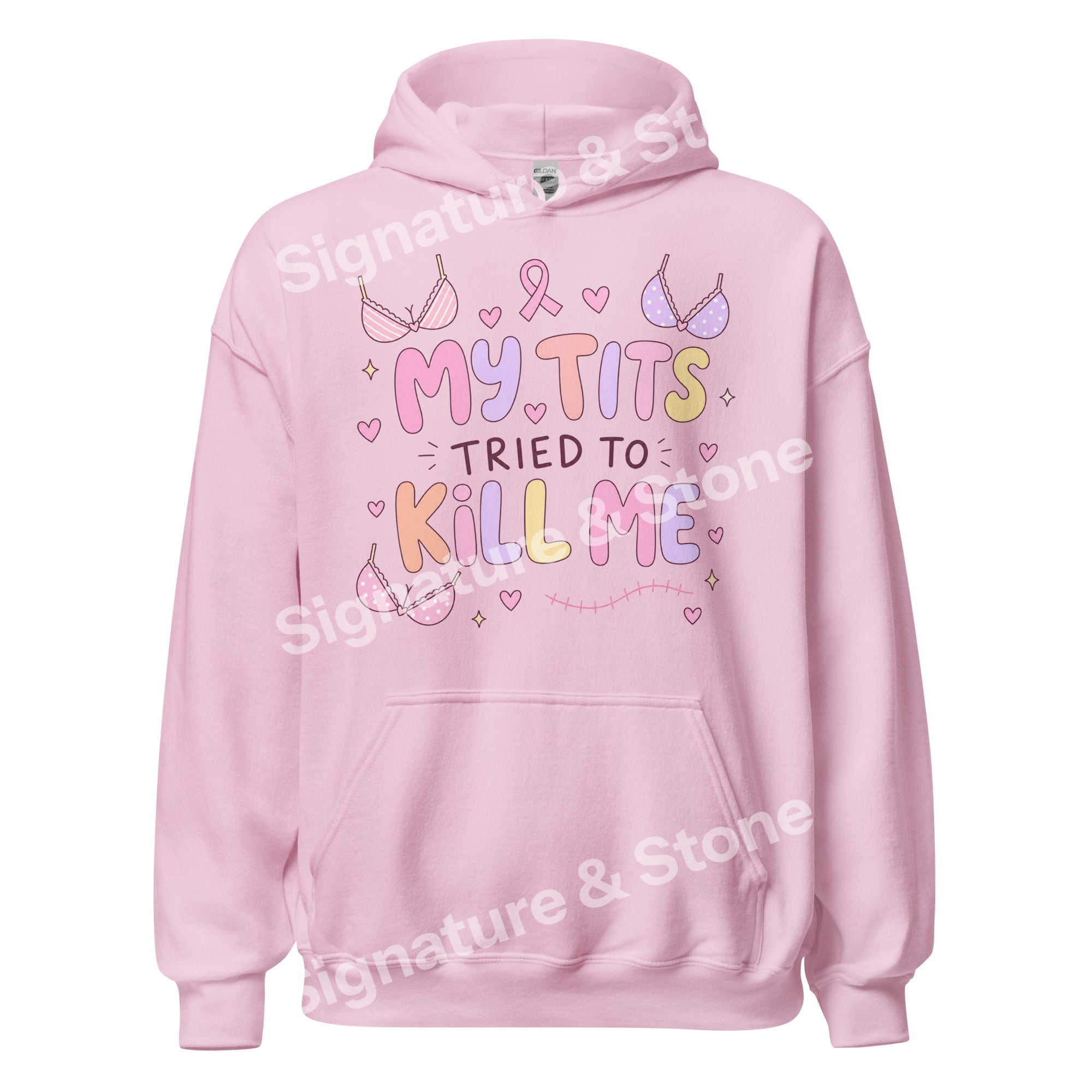Watermarked - My Tits Tried to Kill Me Funny Breast Cancer Survivor Hoodie Pink Ribbon Gift