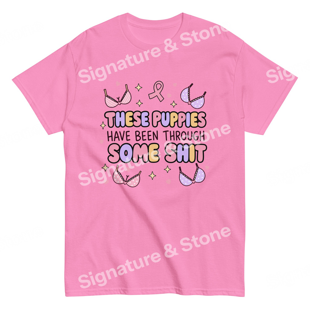 Watermarked - These Puppies Have Been Through Some Shit Funny Breast Cancer Survivor T Shirt