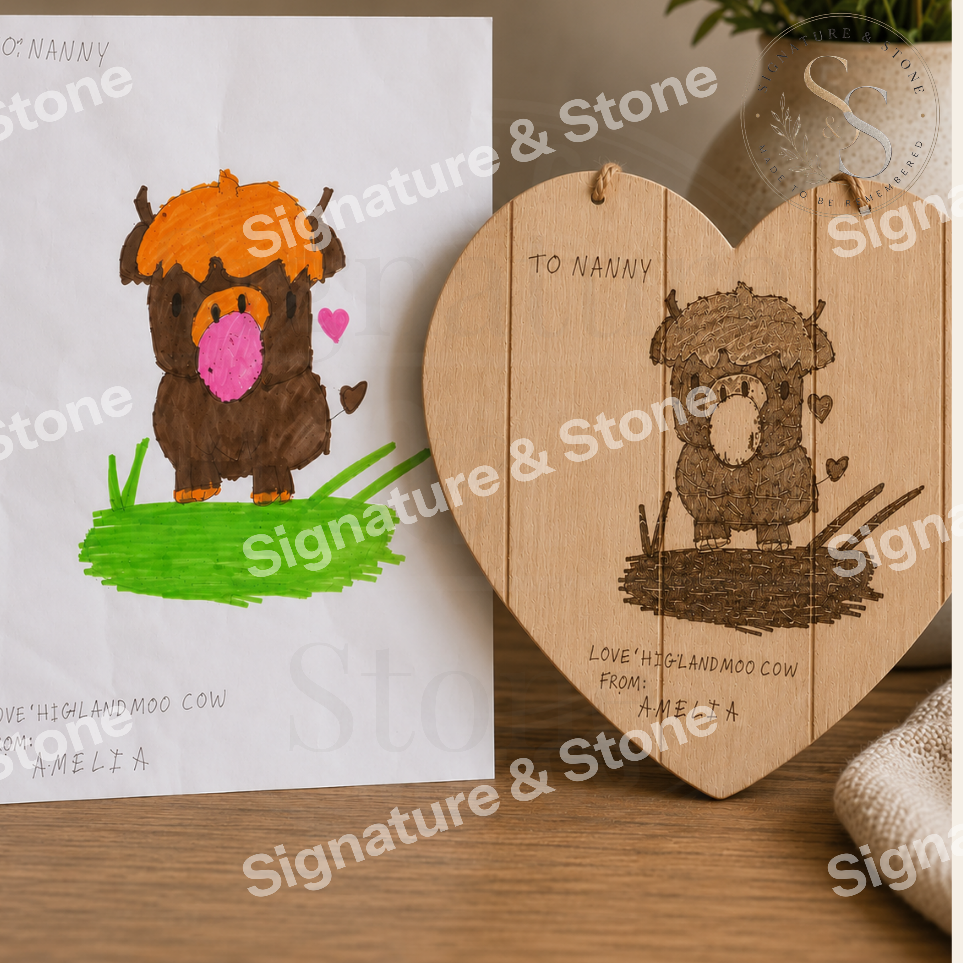 Personalised Child's Artwork Keepsake, Custom Engraved Wooden Plaque, Kids Drawing Gift